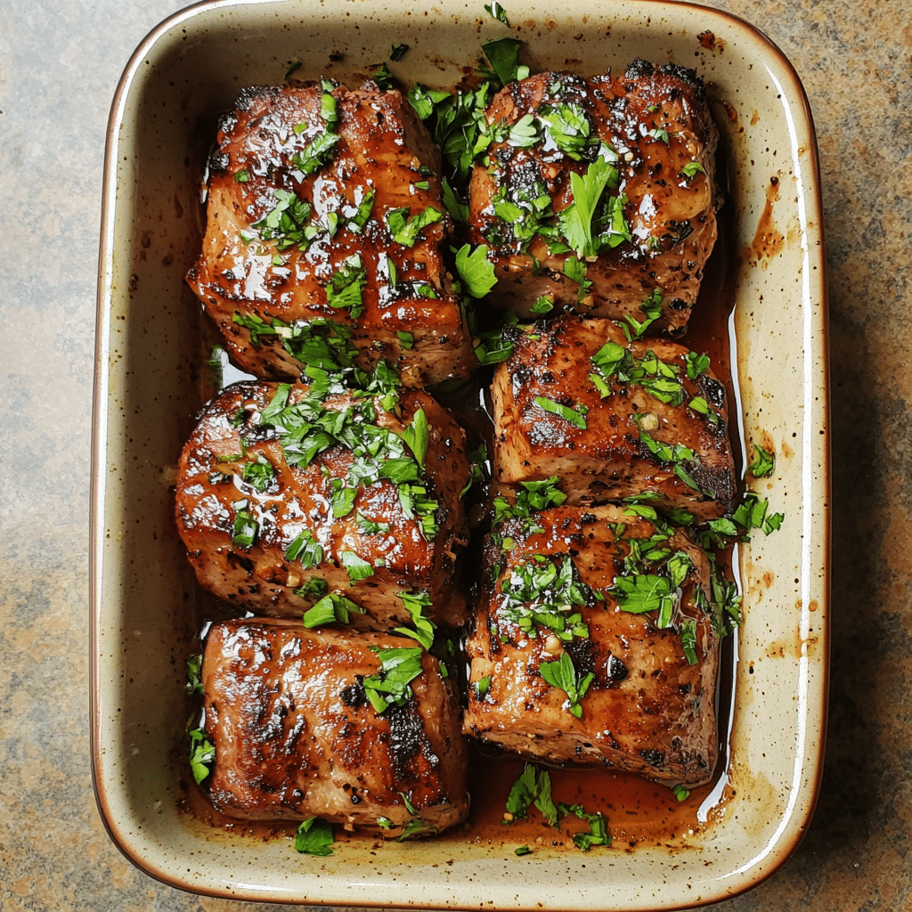 Homemade halal honey garlic savory tenderloin in a serving dish in a bright kitchen