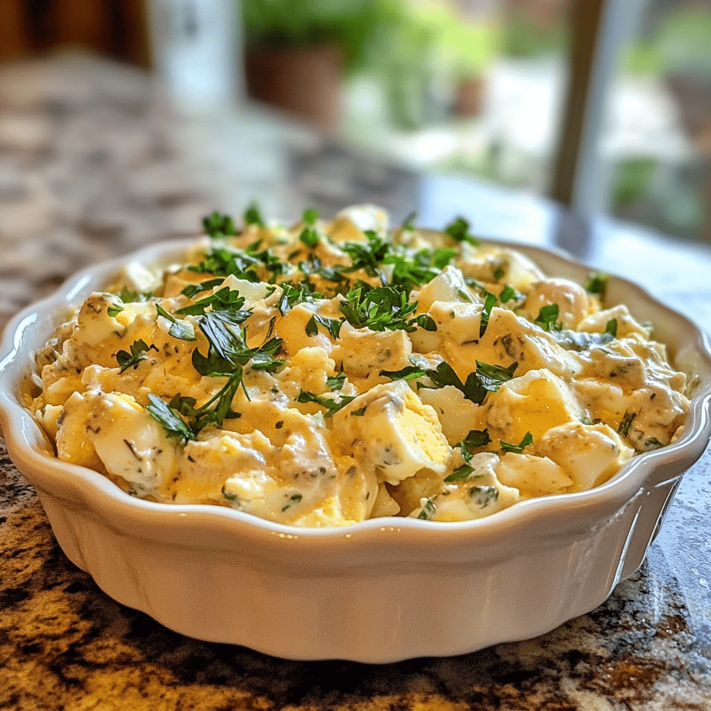 Homemade halal keto smoky ranch egg salad in a serving dish in a bright kitchen
