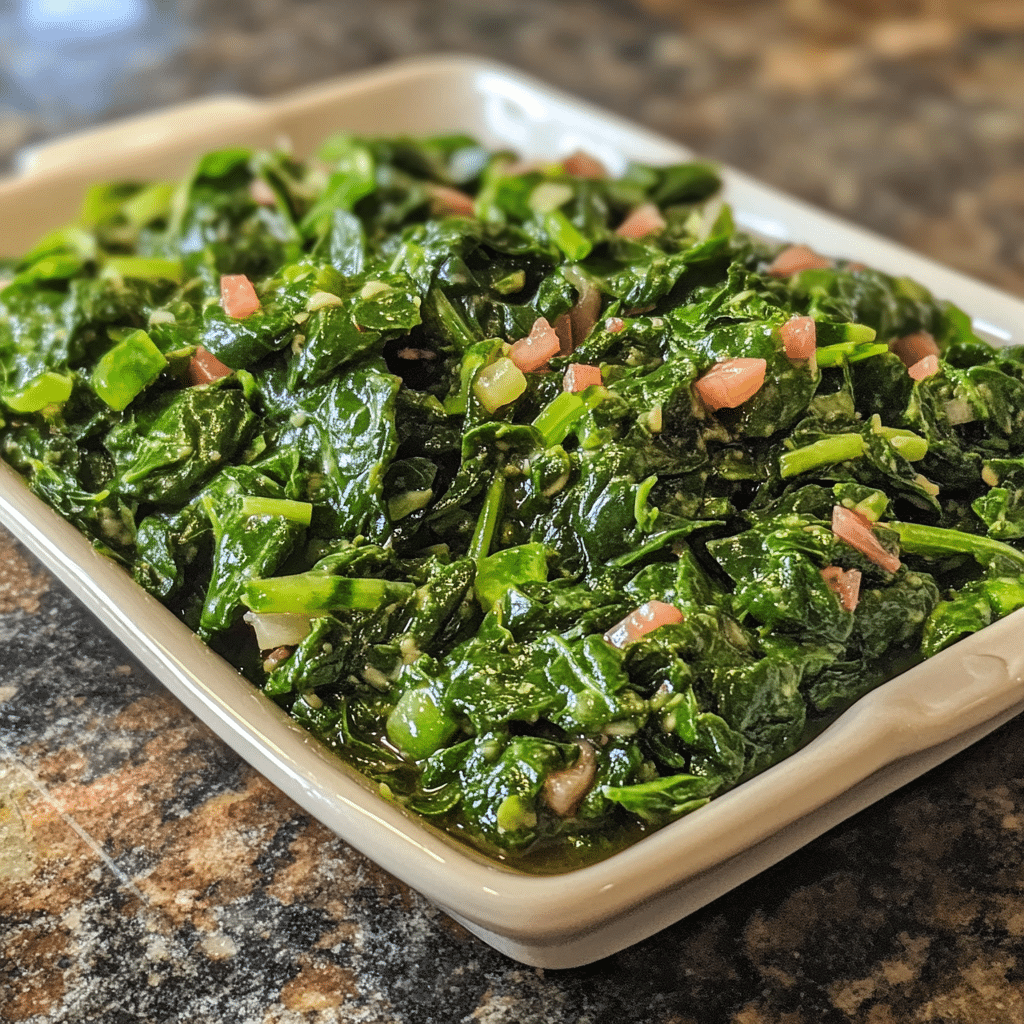 Homemade halal spinach salad with warm smoky dressing in a serving dish in a bright kitchen