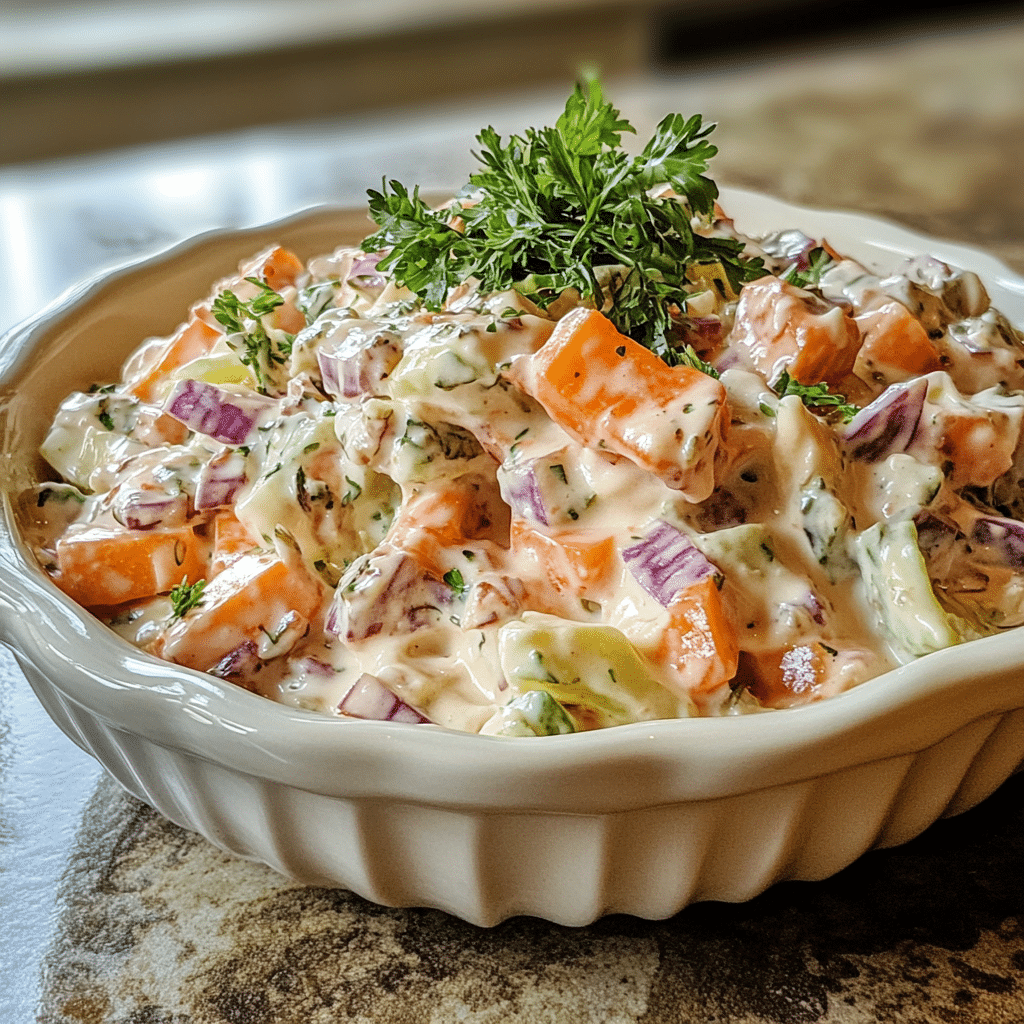 Homemade halal smoky ranch salad recipe in a serving dish in a bright kitchen