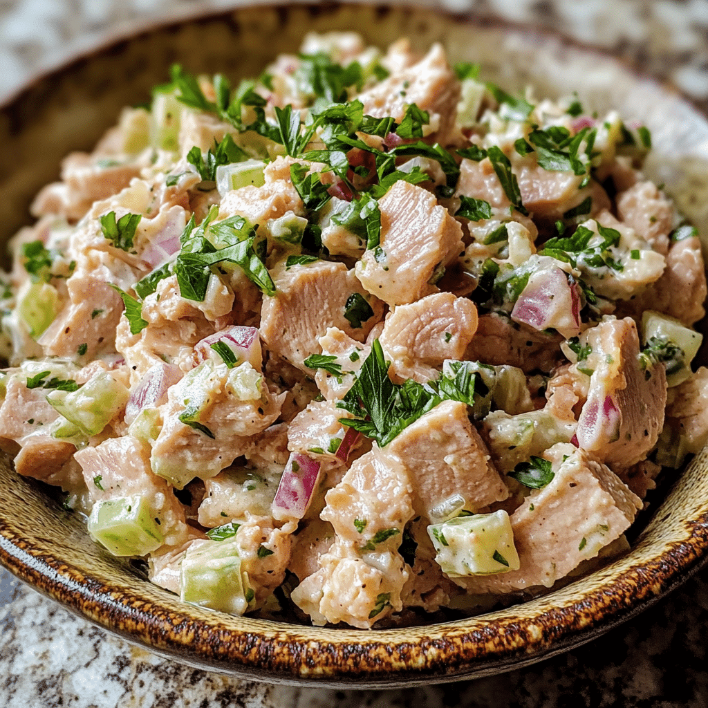 Homemade halal turkey salad - a vintage recipe! in a serving dish in a bright kitchen