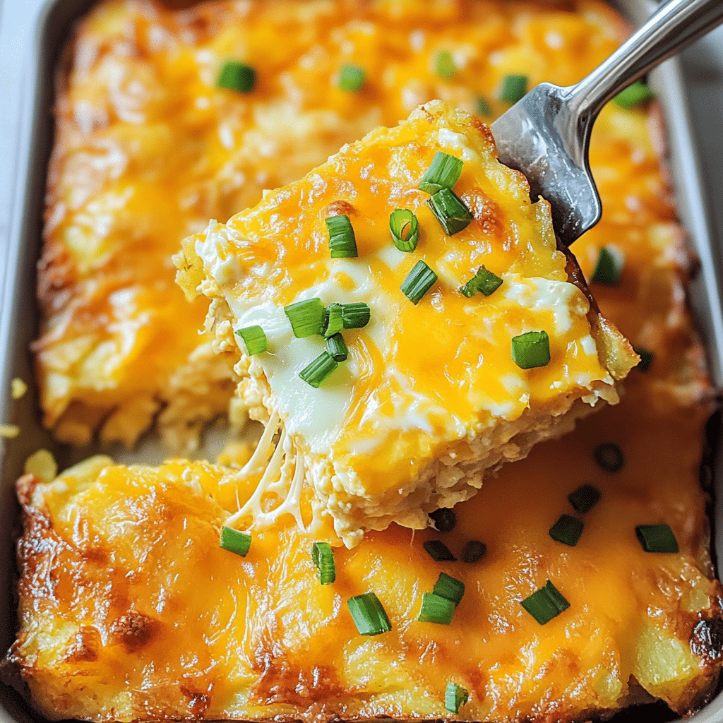 Baked hash brown egg casserole with melted cheese and green onions