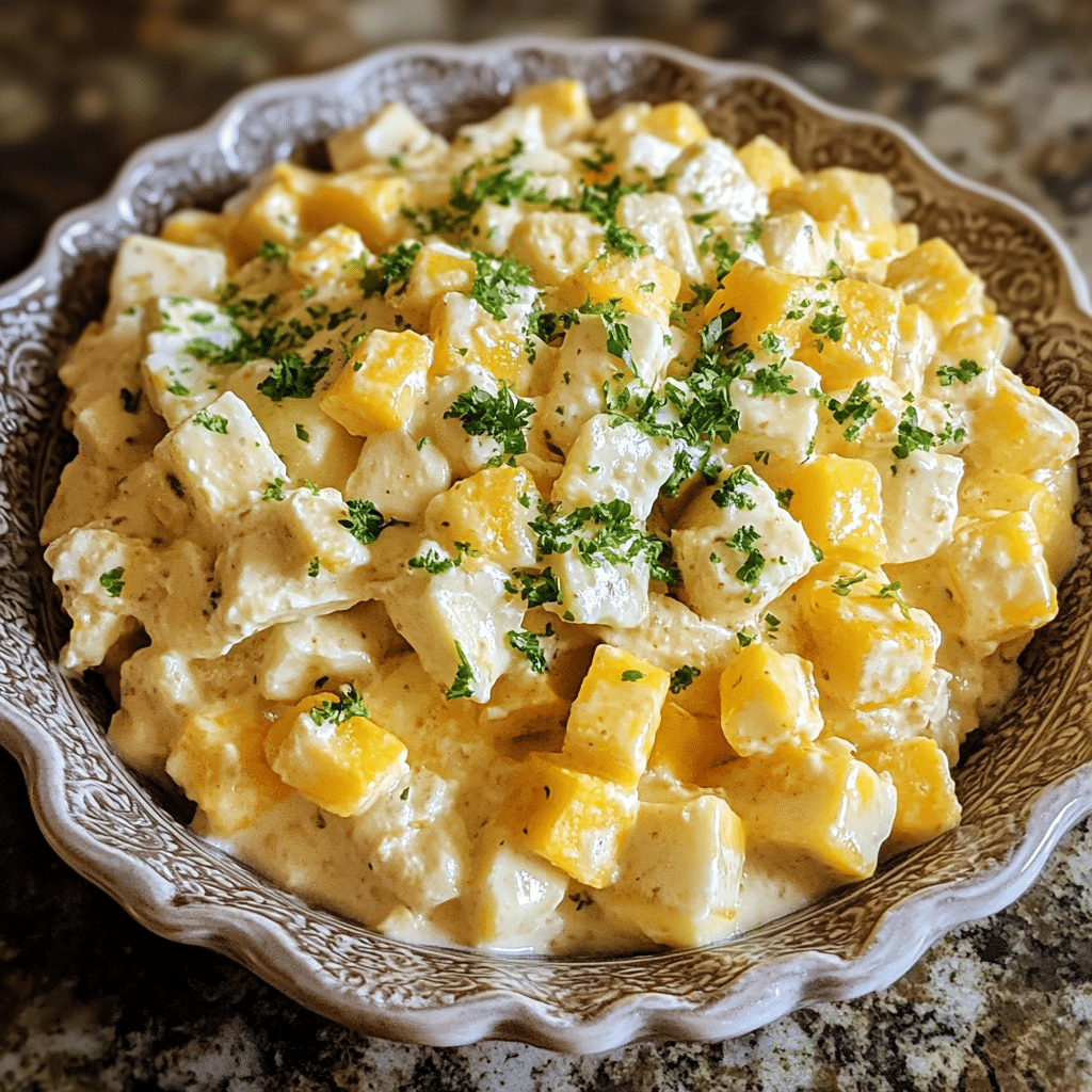 Homemade hawaiian cheesecake salad served in a dish in a bright kitchen
