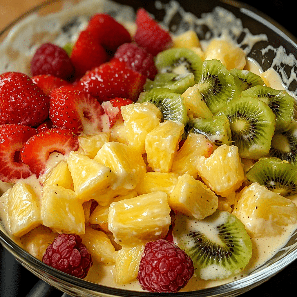 Hawaiian cheesecake salad with pineapple, strawberries, kiwi, and creamy dressing