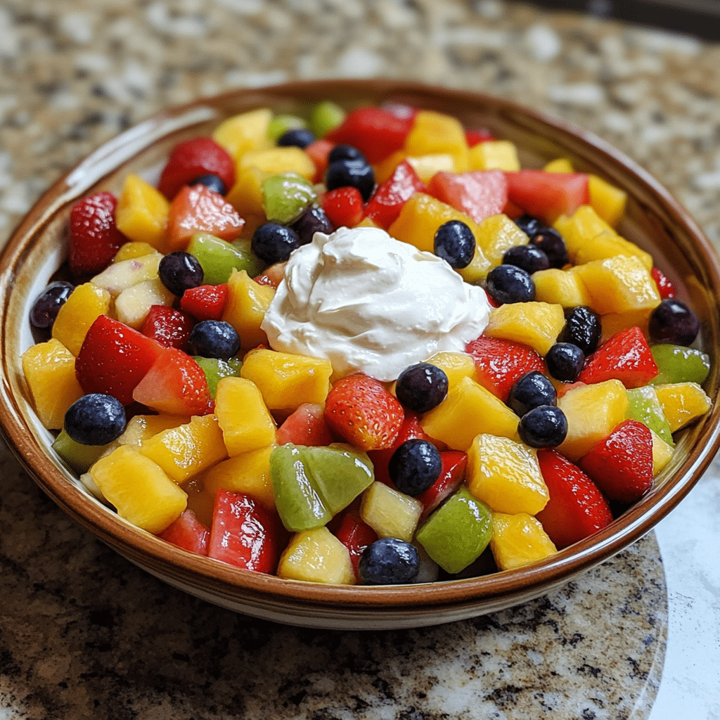 Homemade hawaiian fruit salad with cool whip in a serving dish in a bright kitchen