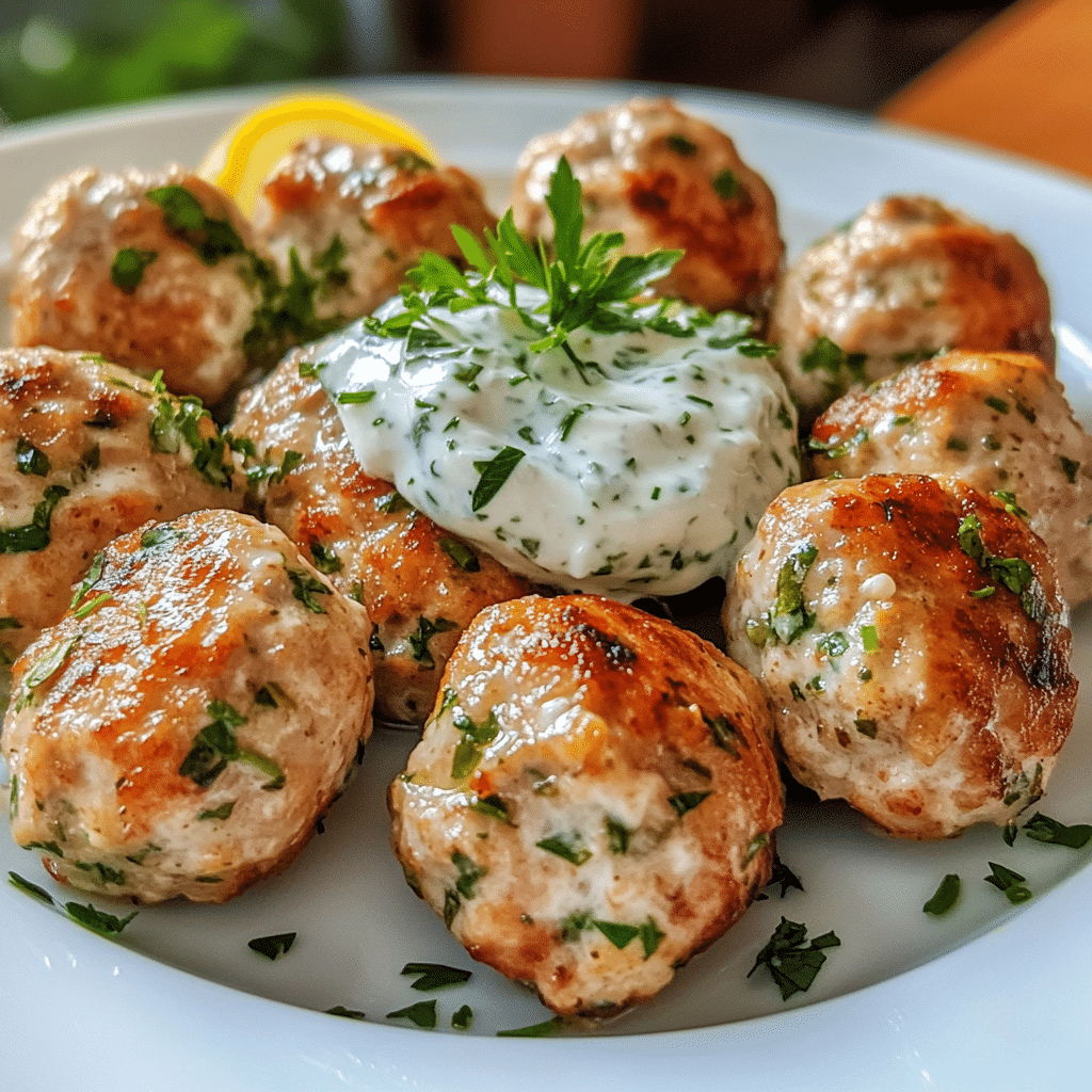Tender Greek style chicken meatballs with herbs lemon and a simple yogurt sauce