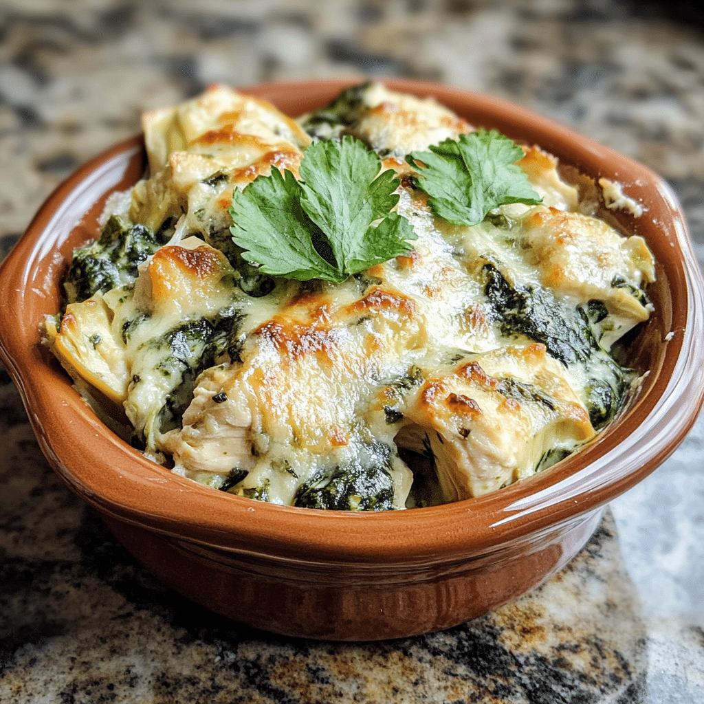 Homemade healthy spinach artichoke chicken casserole in a serving dish in a bright kitchen