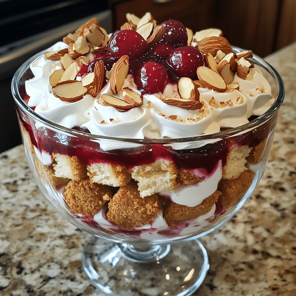 Heaven on Earth Cake in a glass trifle dish with cake, vanilla cream, and cherry topping