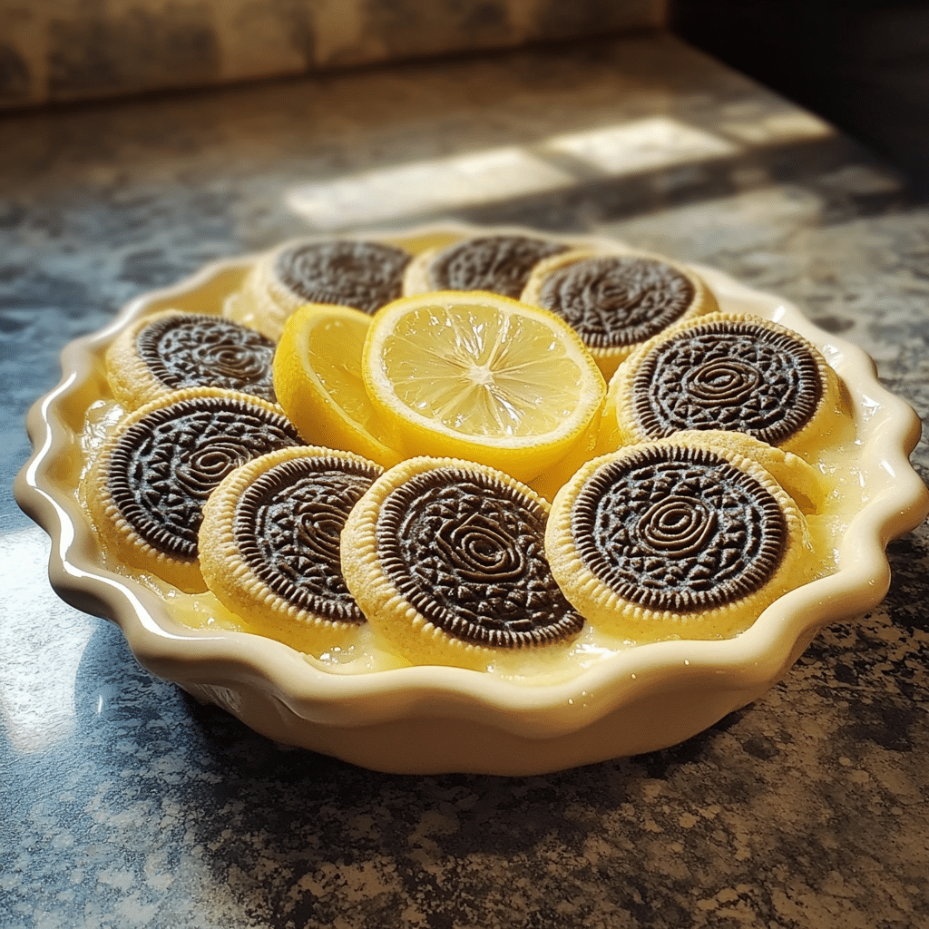Homemade heavenly lemon oreo dessert in a serving dish in a bright kitchen