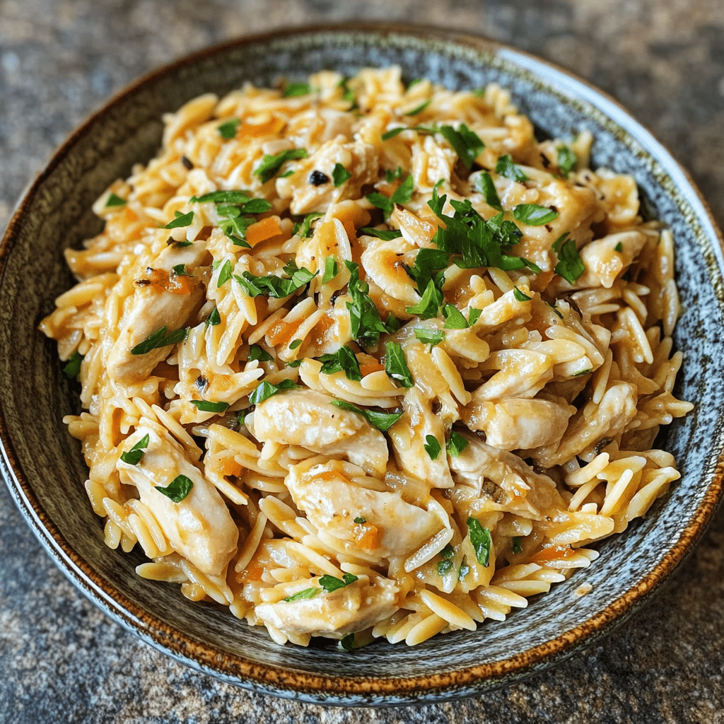 Homemade high protein chicken orzo in a serving dish in a bright kitchen