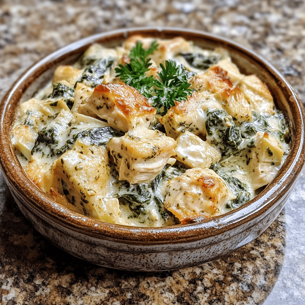 Homemade high-protein spinach artichoke chicken casserole in a serving dish in a bright kitchen