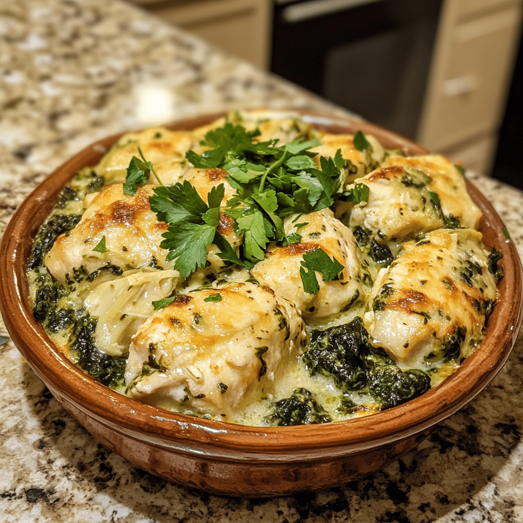 Homemade high-protein spinach and artichoke chicken casserole in a serving dish in a bright kitchen