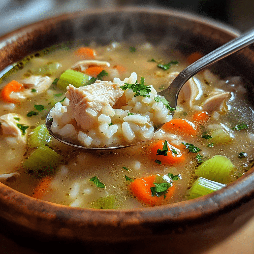 Bowl of chicken and rice soup with carrots, celery, and parsley