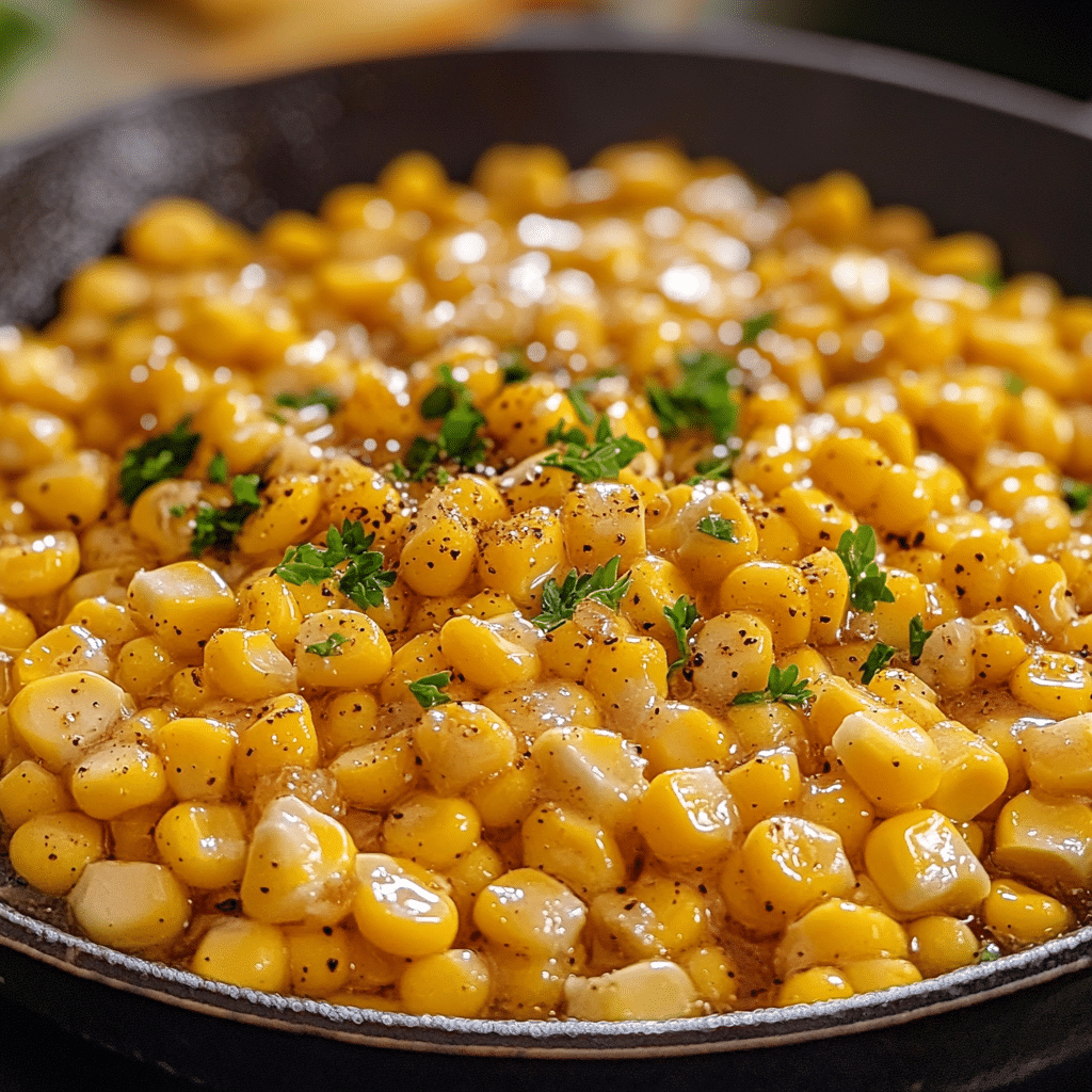 Honey butter skillet corn in a cast iron skillet with herbs on top