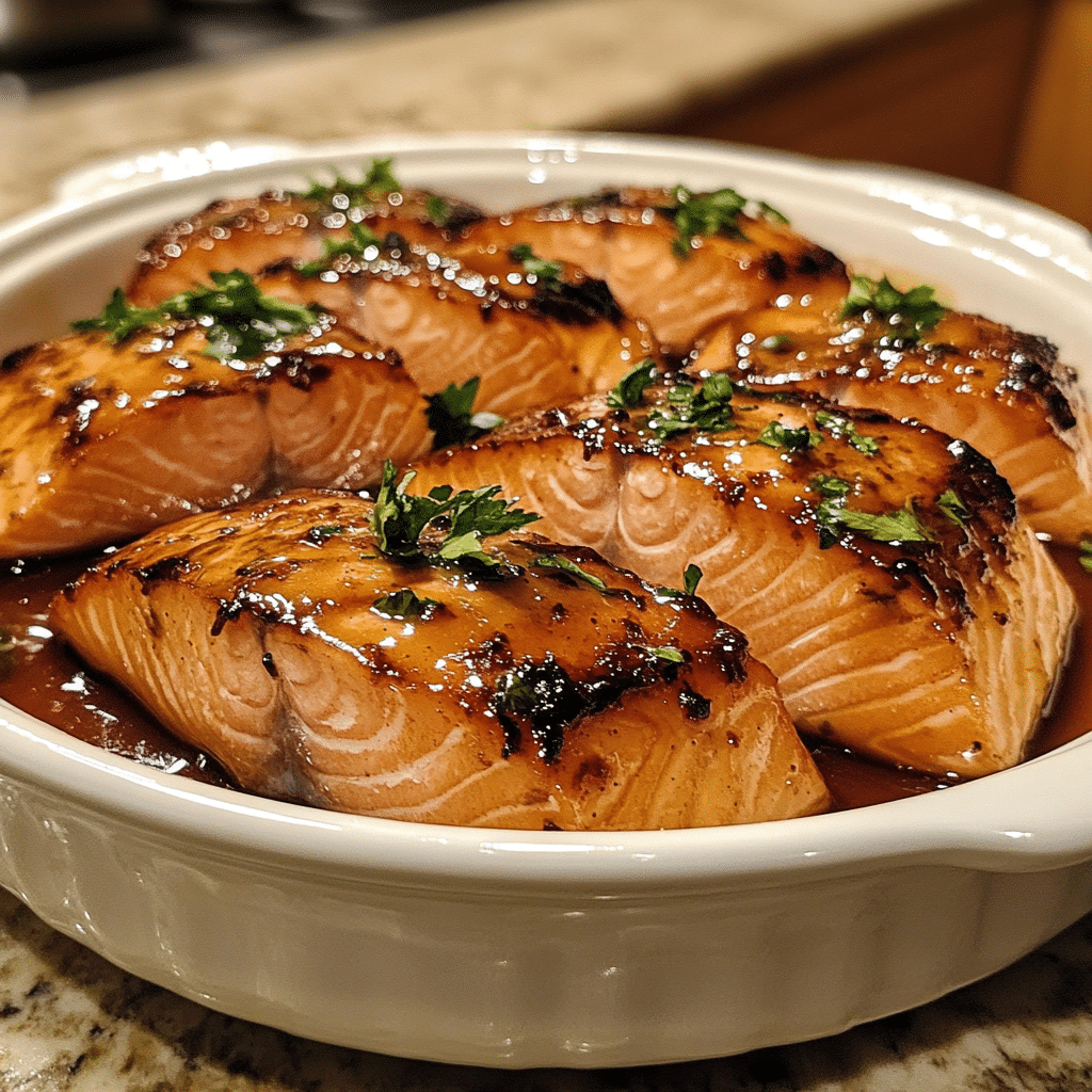 Homemade honey glazed salmon bowls in a serving dish in a bright kitchen