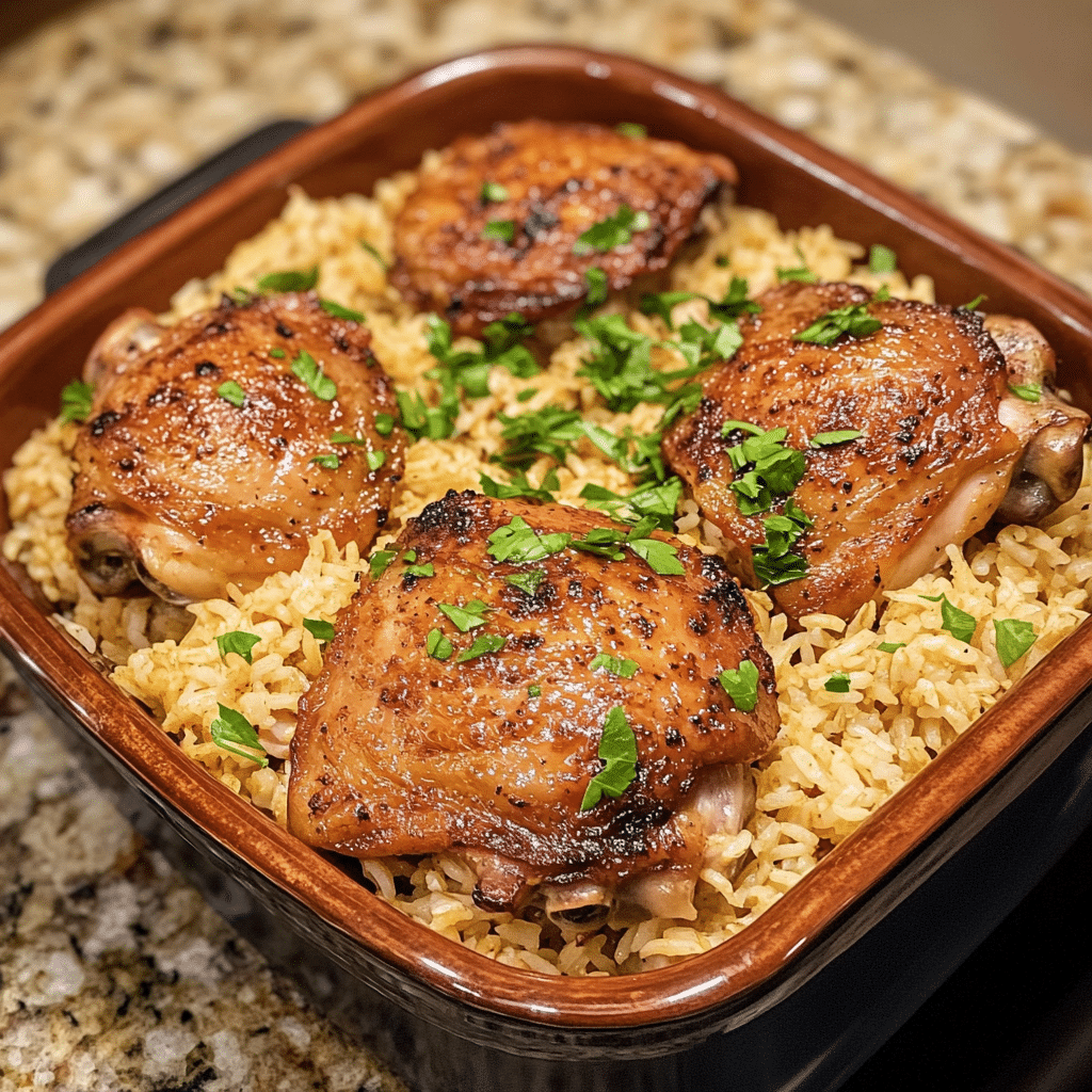 Homemade instant pot chicken thighs and rice in a serving dish in a bright kitchen