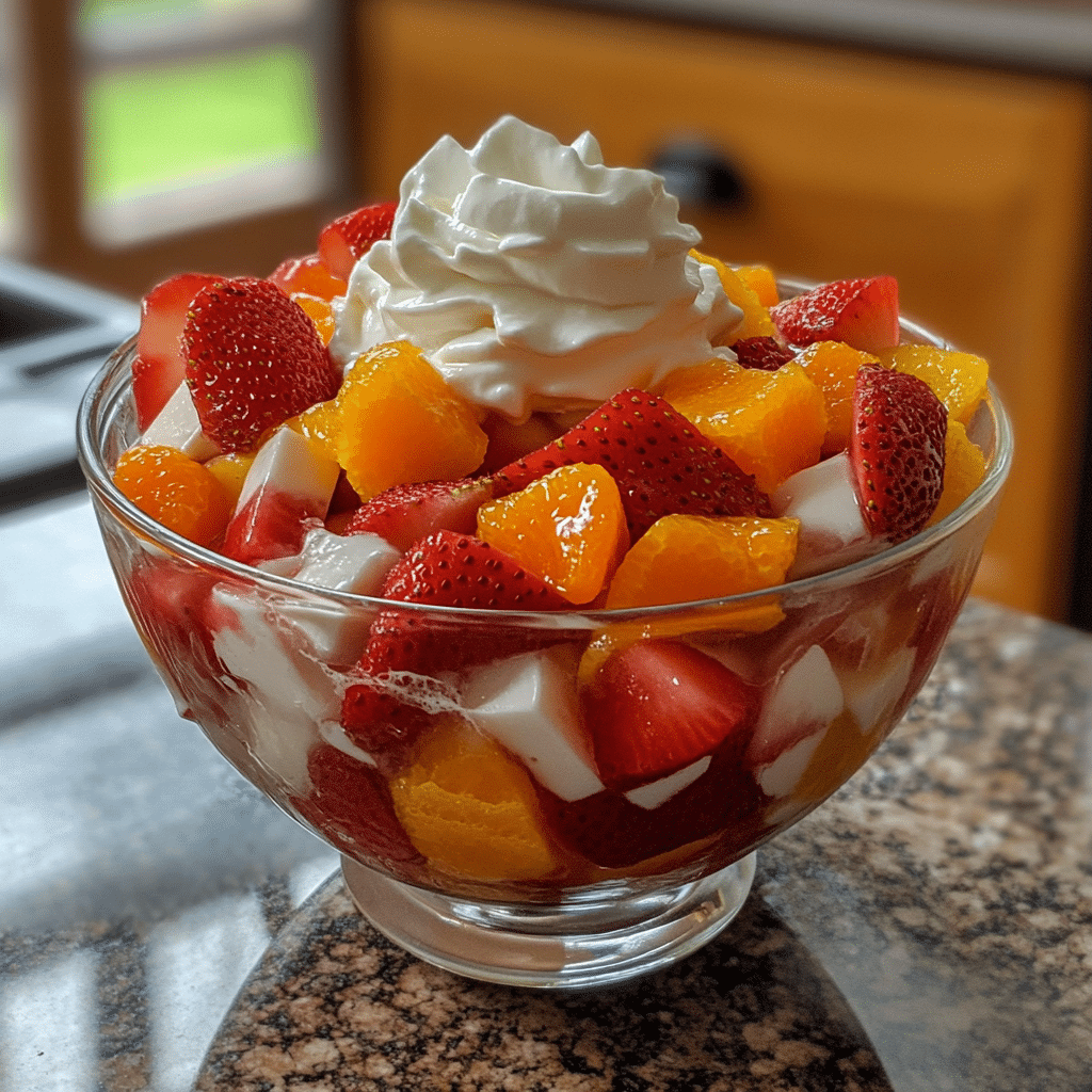 Creamy jello fruit salad with red and orange gelatin cubes, strawberries, peaches, and mandarins in a glass bowl