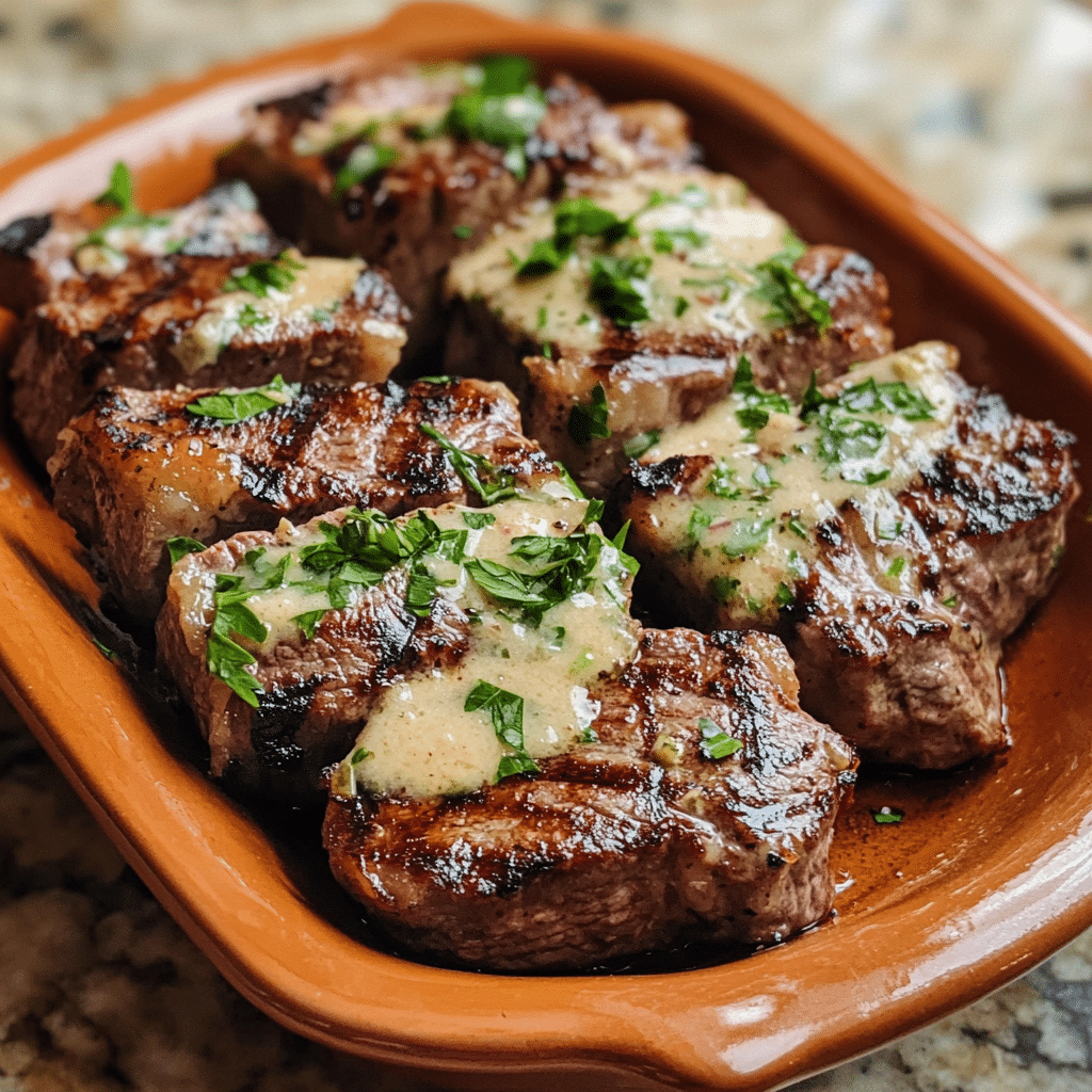 Homemade juicy steak with creamy garlic sauce in a serving dish in a bright kitchen