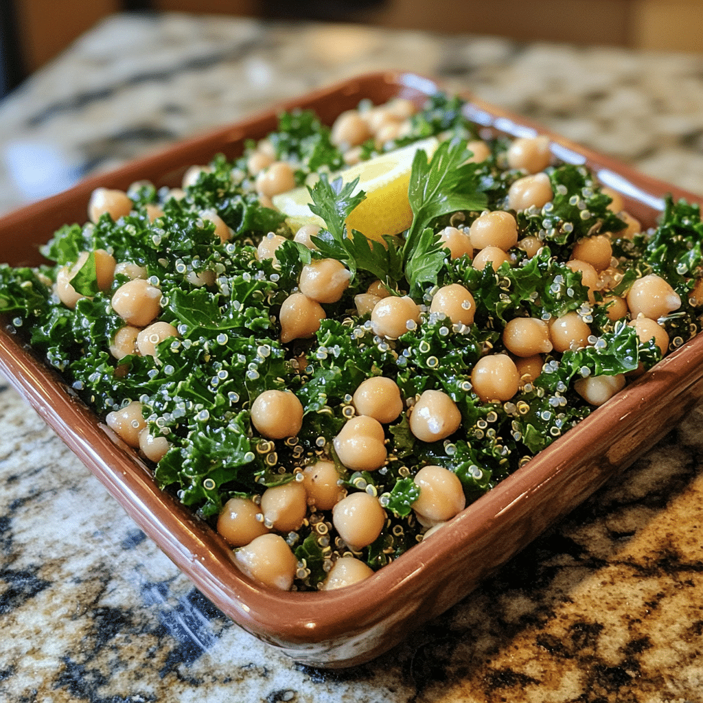 Homemade kale quinoa & chickpea salad with lemon vinaigrette - hannah magee rd in a serving dish in a bright kitchen