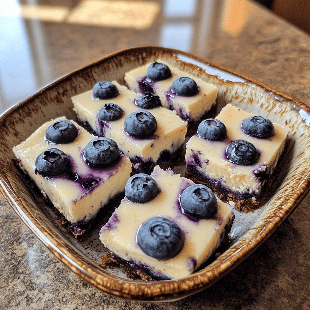 Homemade keto blueberry lemon cheesecake bars in a serving dish in a bright kitchen