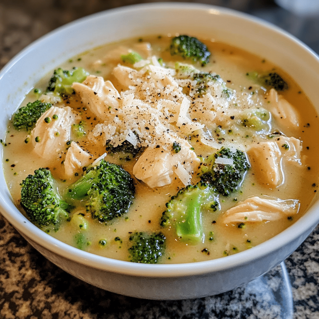 Bowl of keto chicken broccoli Alfredo soup with broccoli florets and parmesan