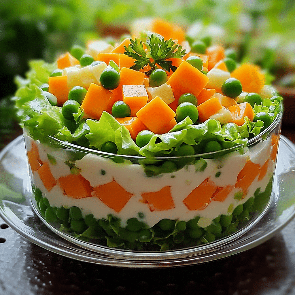 A colorful layered salad with crisp lettuce peas cheese creamy dressing and fresh vegetables in a clear bowl