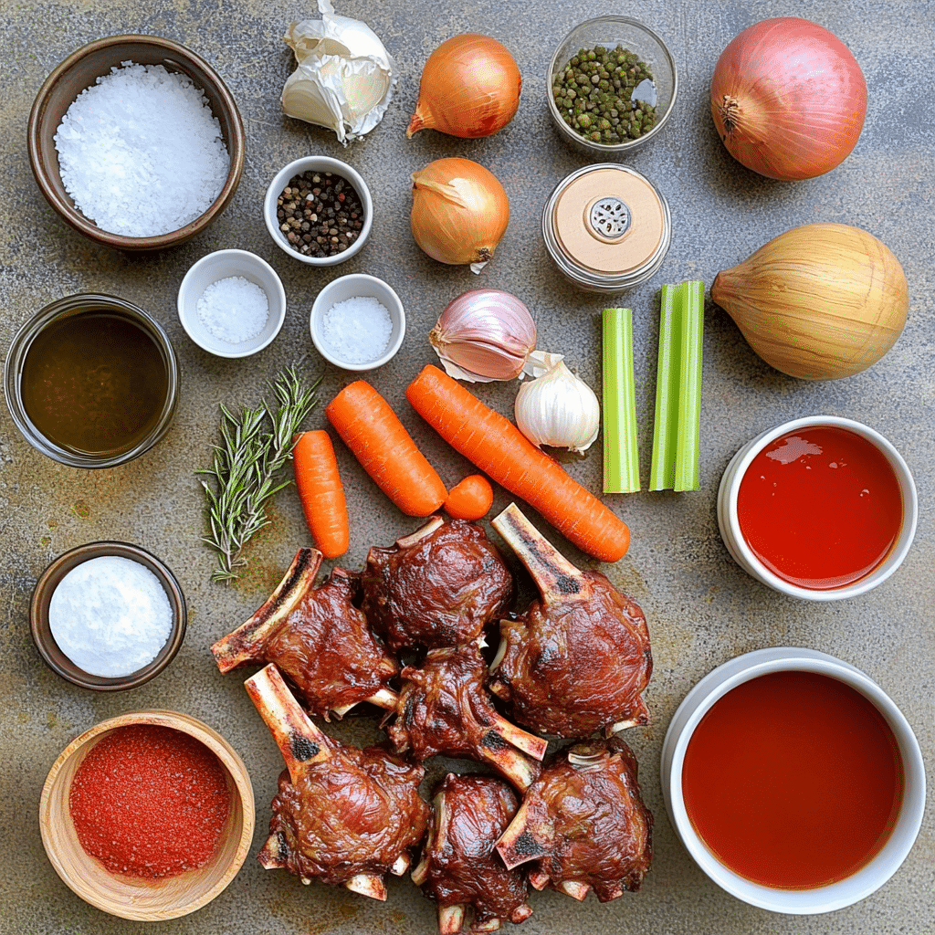ingredients for braised lamb shanks including lamb shanks carrots celery onion garlic beef broth grape juice tomatoes and herbs