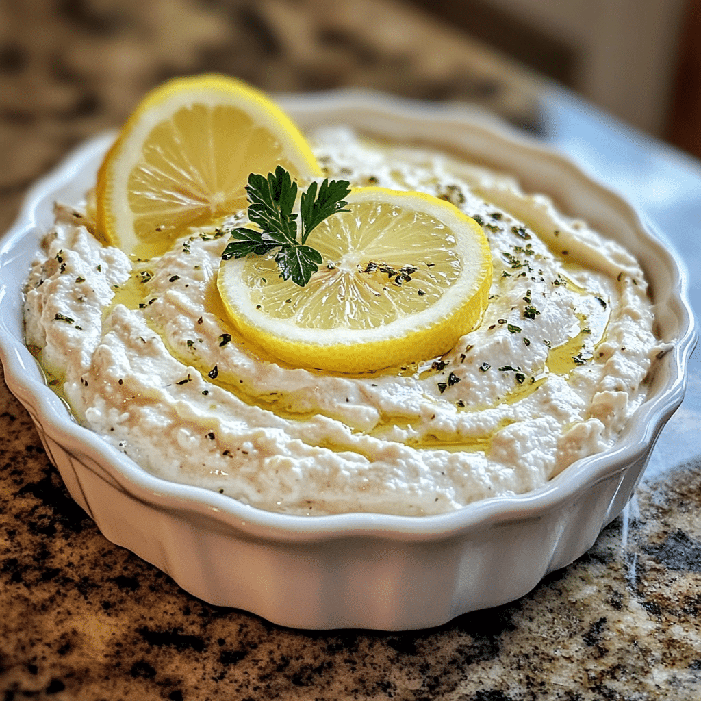 Homemade layered greek dip - garnish with lemon in a serving dish in a bright kitchen