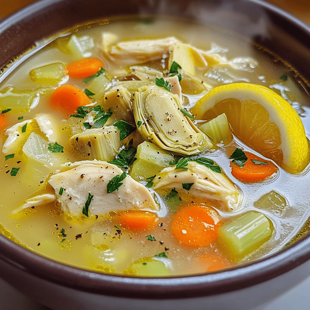 Bowl of lemon artichoke chicken soup with chicken pieces and artichokes in lemony broth