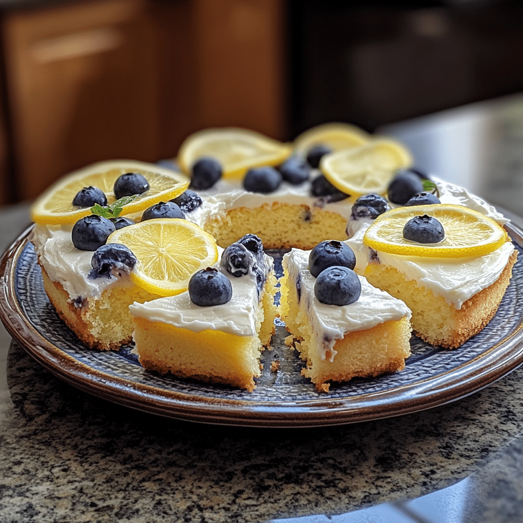 Homemade lemon blueberry cake in a serving dish in a bright kitchen