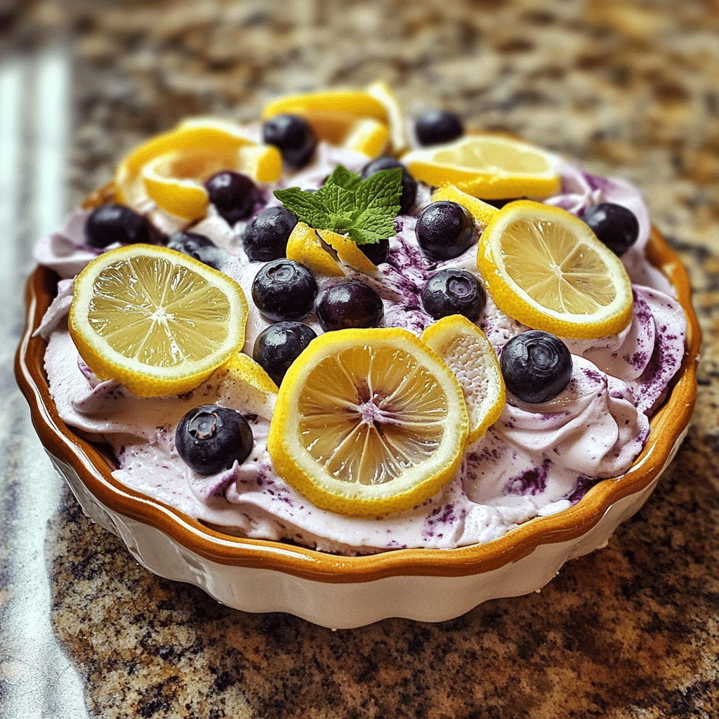 Homemade lemon & blueberry ice box cake in a serving dish in a bright kitchen