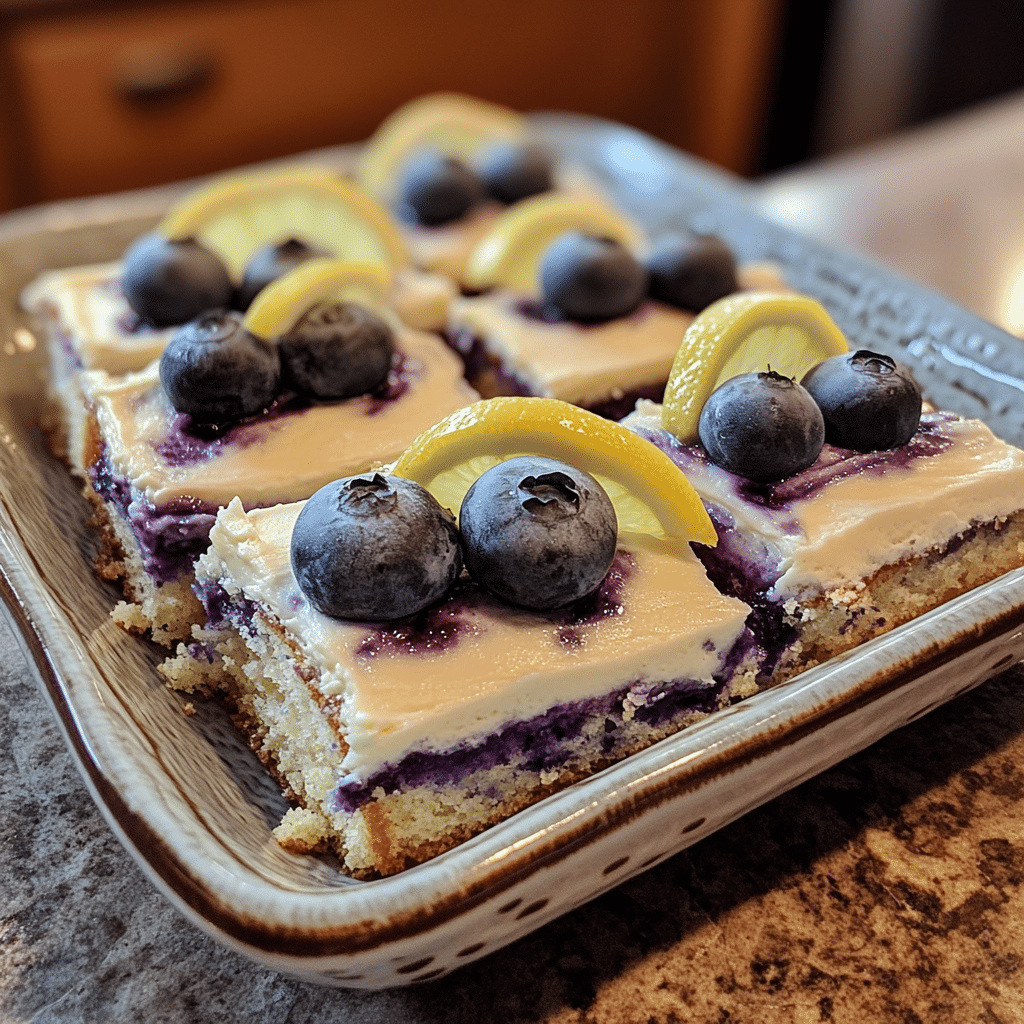 Homemade lemon blueberry sheet cake - this celebrated life in a serving dish in a bright kitchen