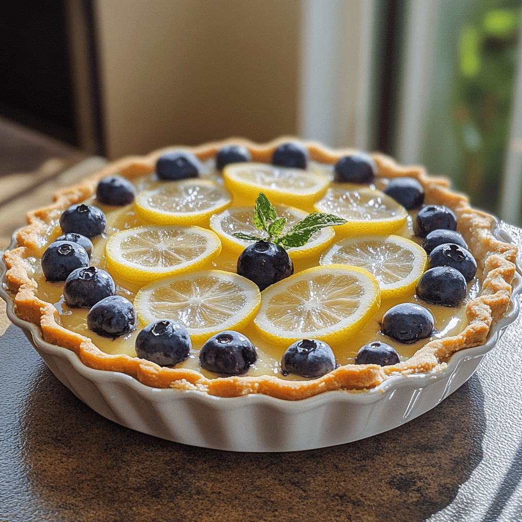 Homemade lemon blueberry tart recipe in a serving dish in a bright kitchen