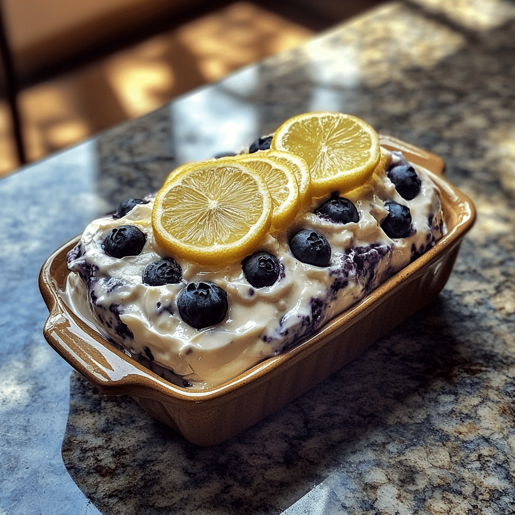 Homemade lemon blueberry yogurt loaf in a serving dish in a bright kitchen