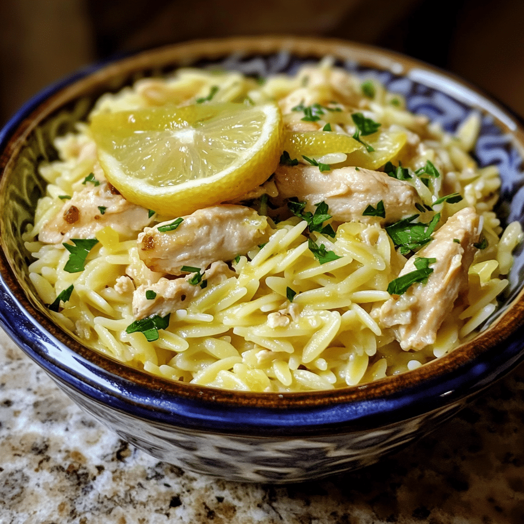 Homemade lemon chicken orzo in a serving dish in a bright kitchen