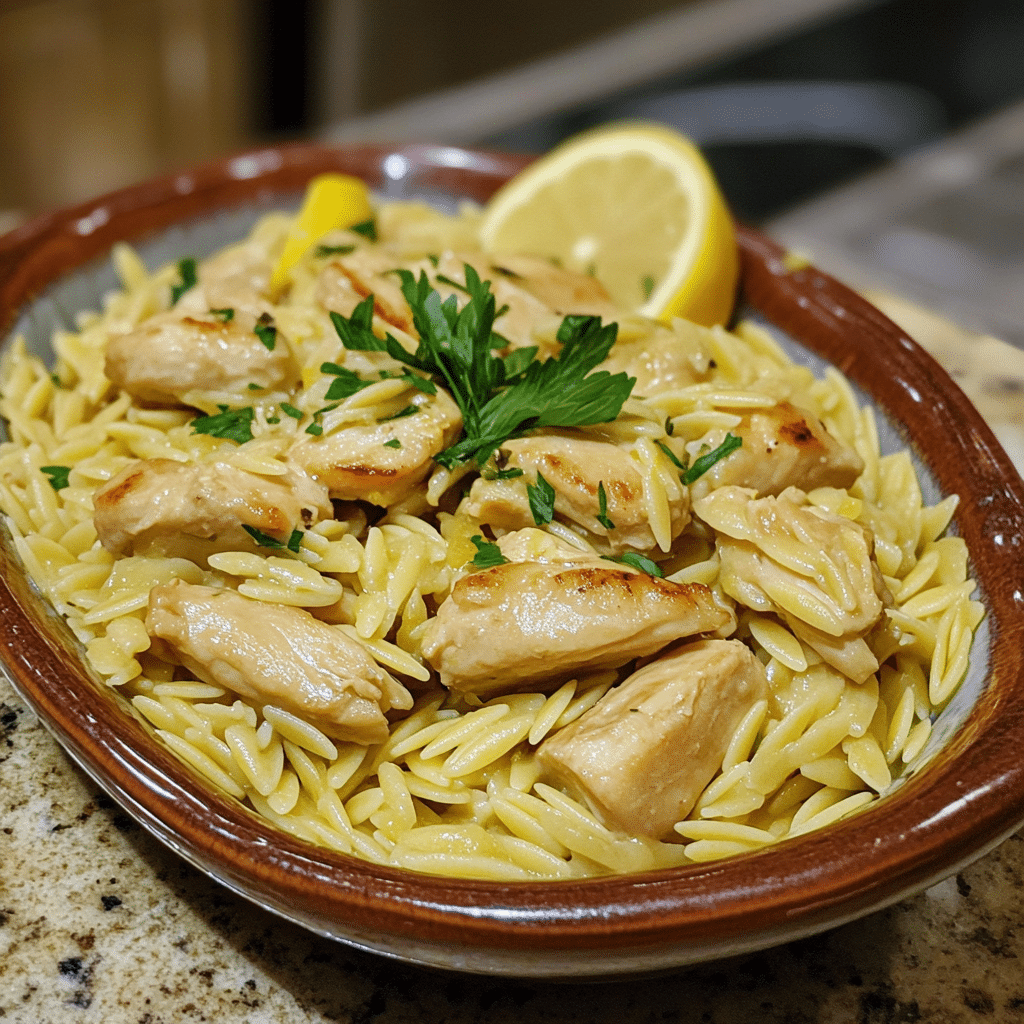 Homemade lemon chicken orzo pasta in a serving dish in a bright kitchen