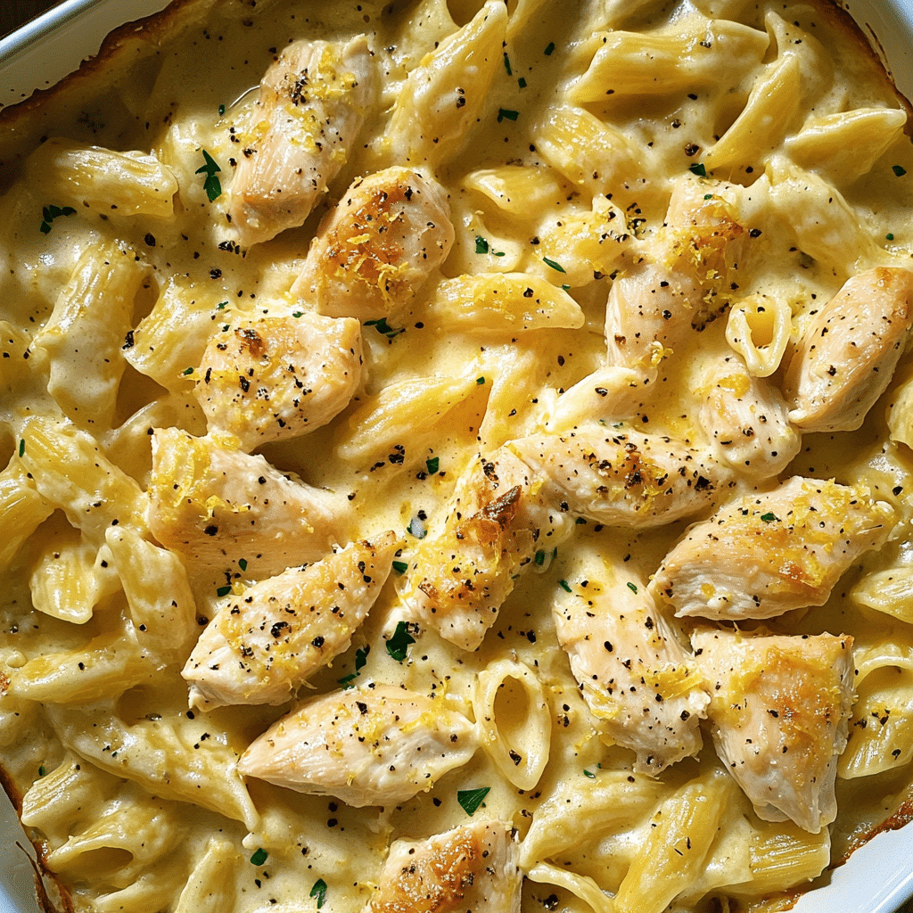 Lemon chicken pasta bake with creamy sauce and herbs