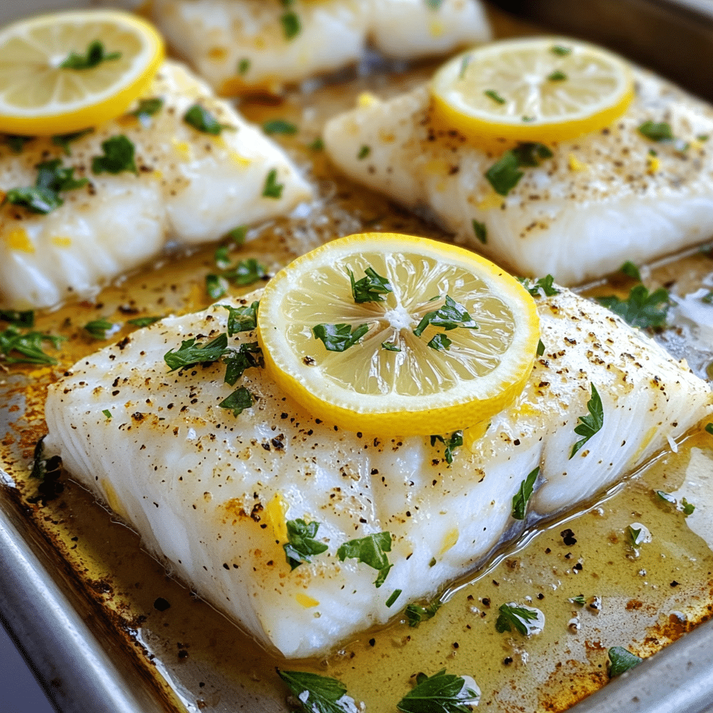 Baked white fish fillets topped with lemon slices and herbs on a sheet pan