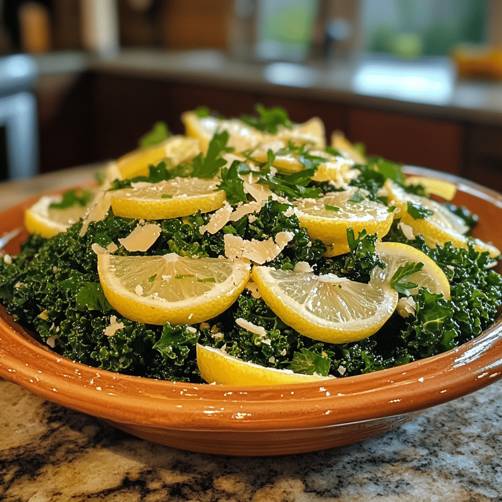 Homemade lemon parm kale salad in a serving dish in a bright kitchen