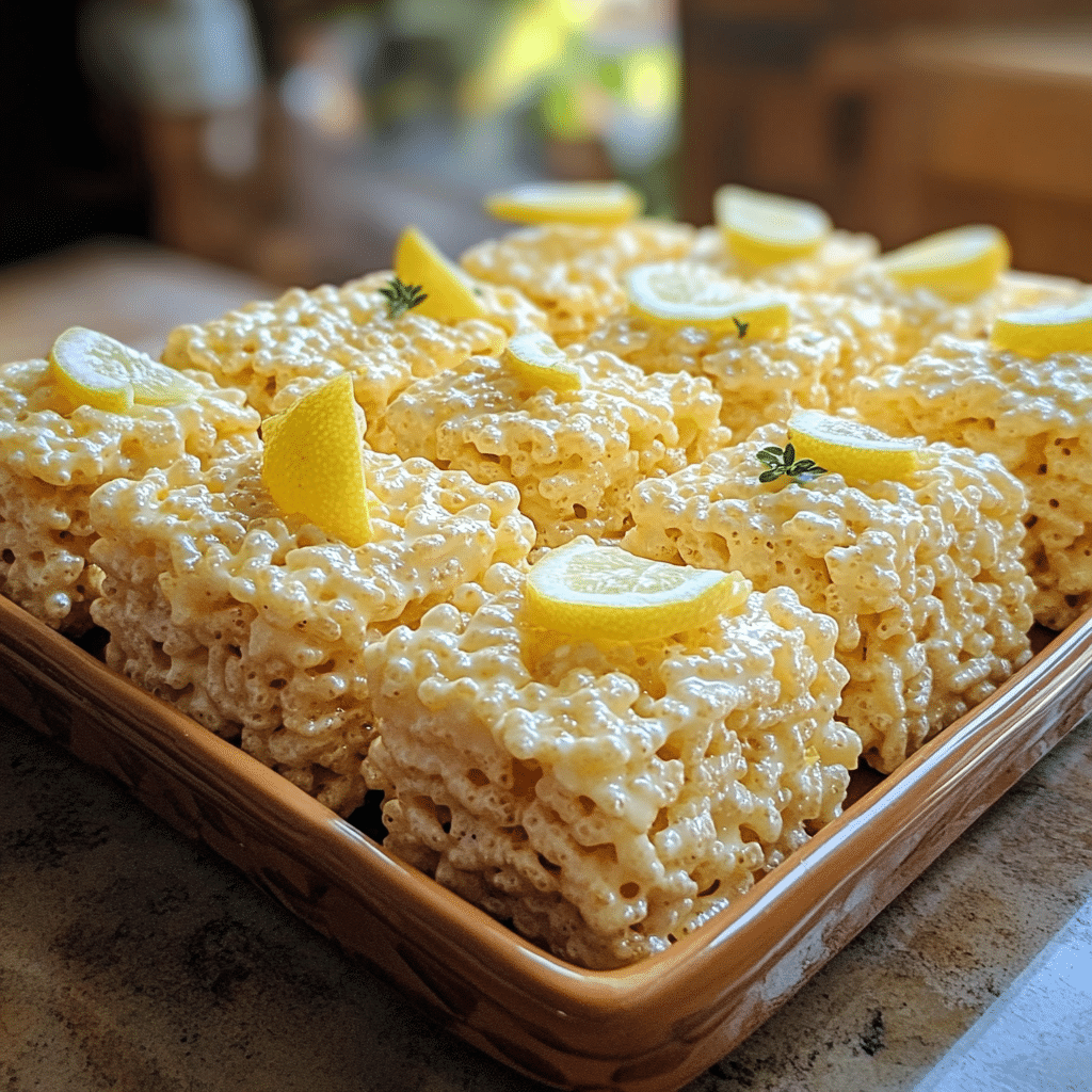 Homemade lemon rice krispy treats in a serving dish in a bright kitchen