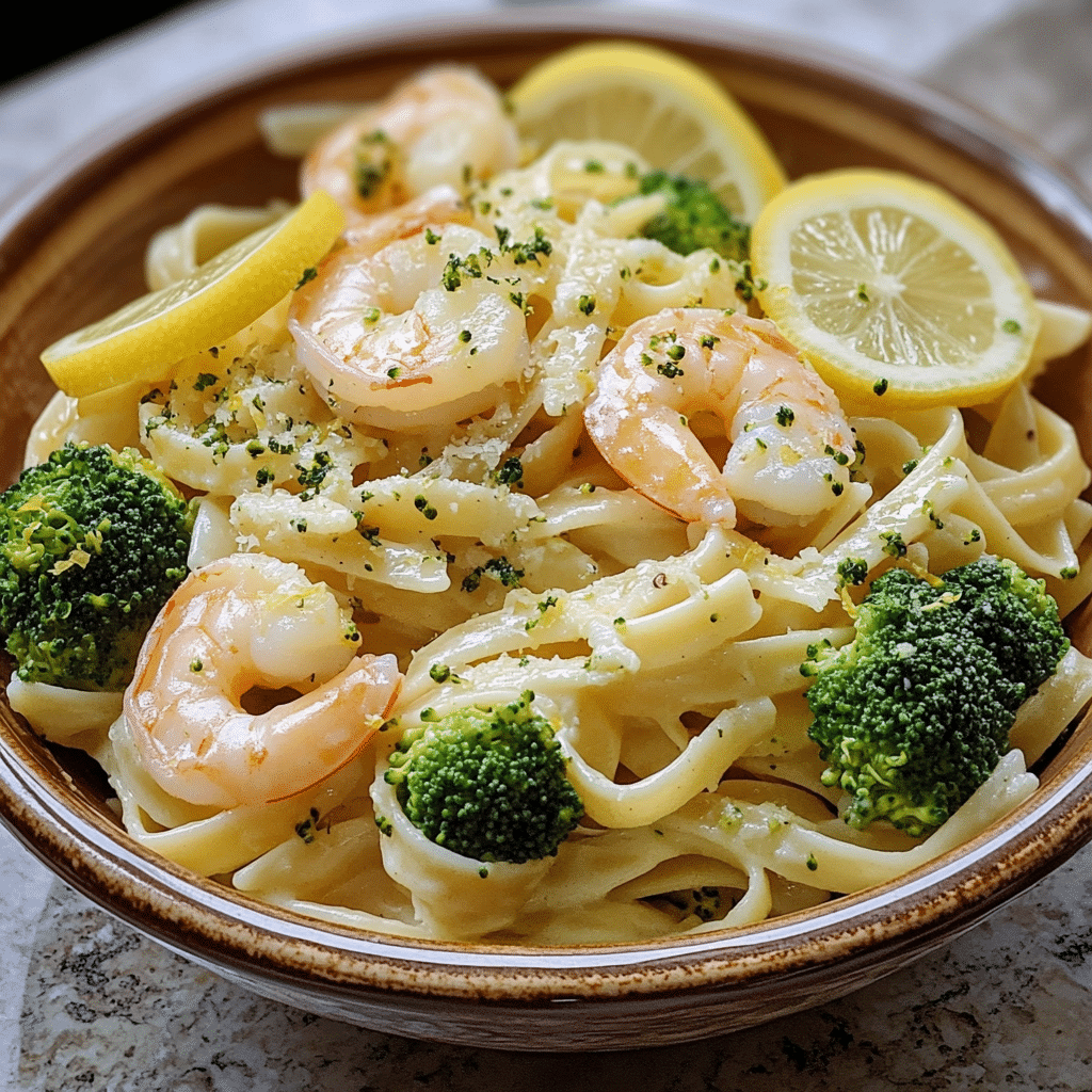 Homemade lemon and broccoli pasta with shrimp - slender kitchen in a serving dish in a bright kitchen