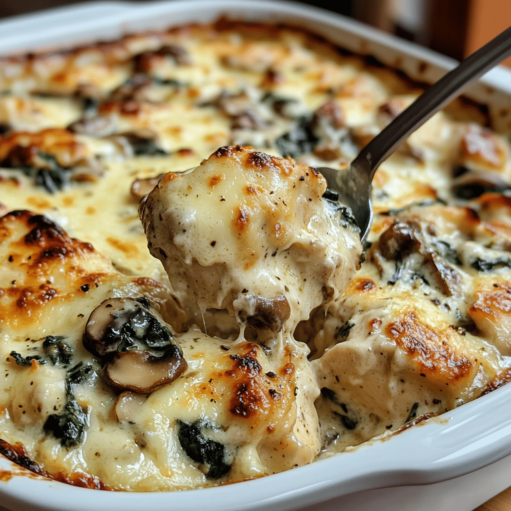 Creamy chicken bake with mushrooms, spinach, and melted cheese