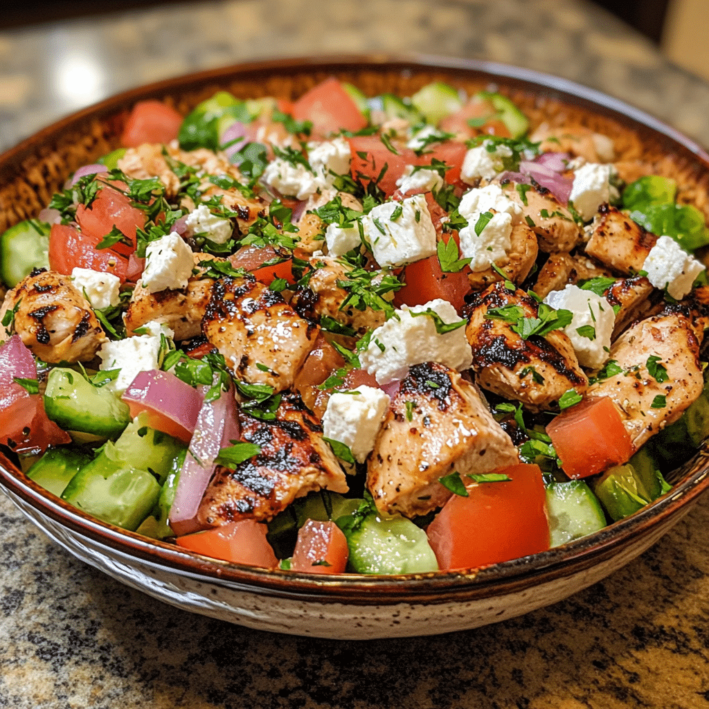 Homemade low-carb greek chicken bowls (keto, gluten-free) in a serving dish in a bright kitchen