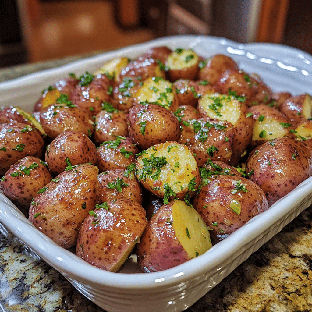 Homemade mississippi mud potatoes in a serving dish in a bright kitchen