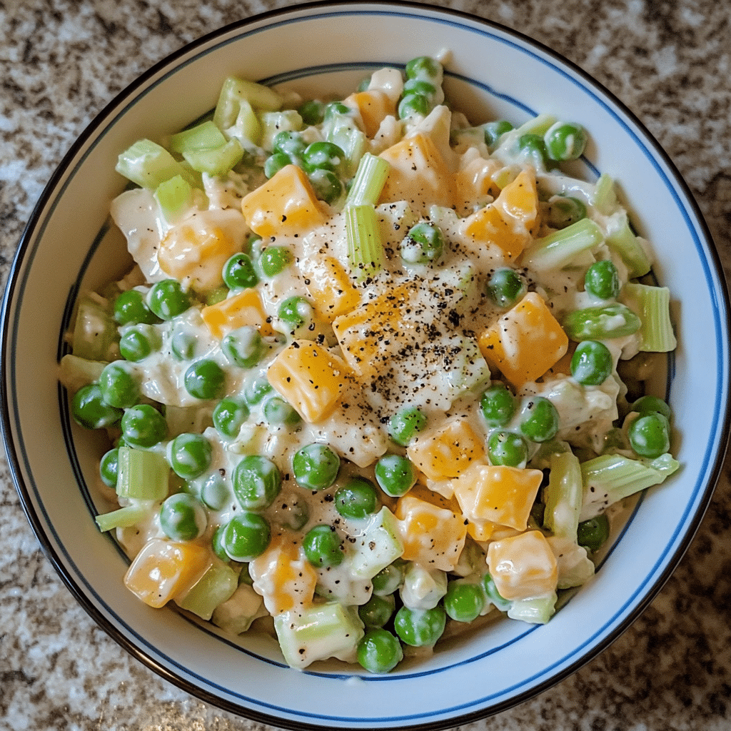 Bowl of English pea salad with peas, cheddar, celery, and creamy dressing