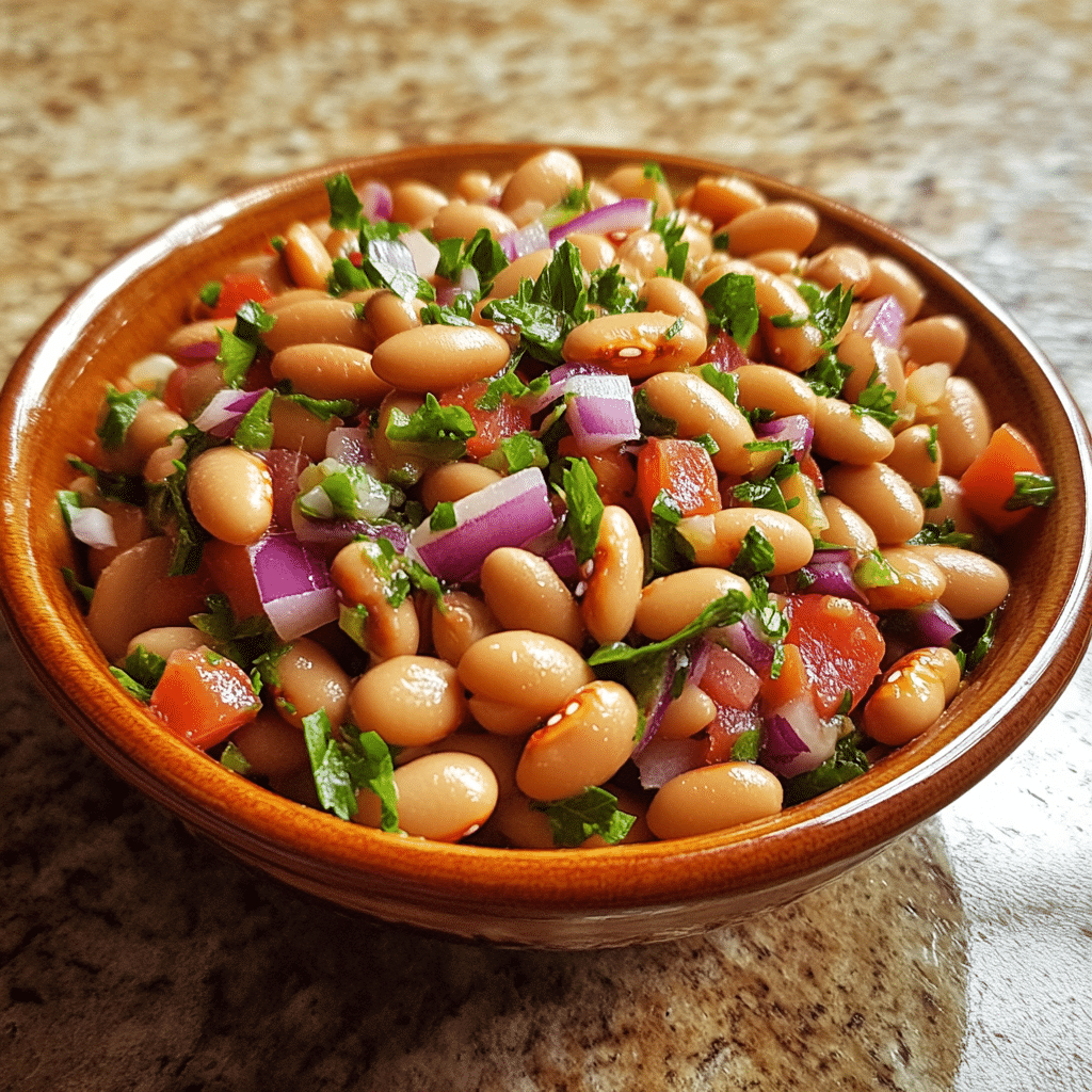 Homemade mediterranean bean salad in a serving dish in a bright kitchen