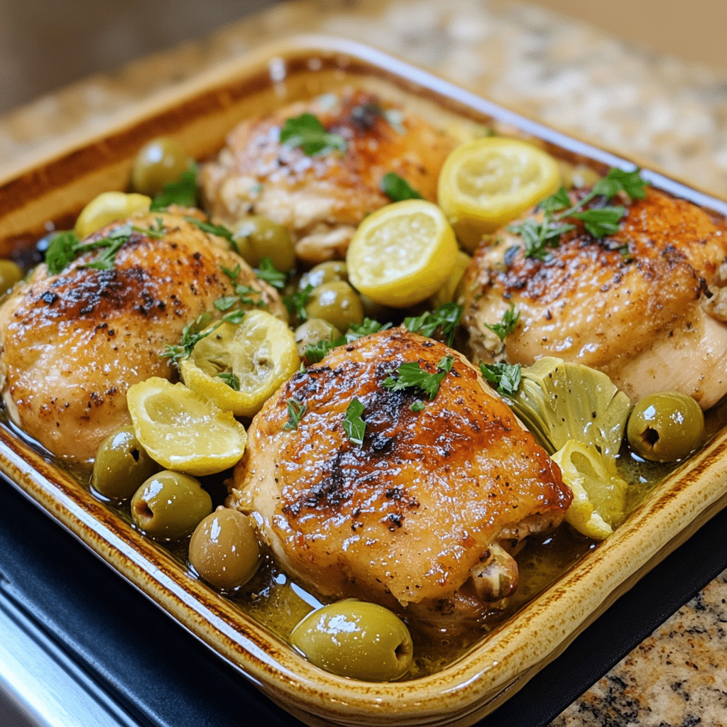 Homemade mediterranean lemon chicken with artichokes & olives in a serving dish in a bright kitchen