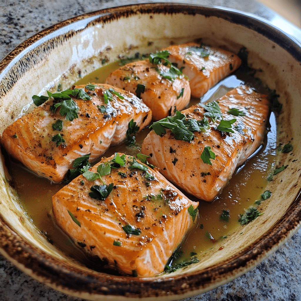 Homemade mediterranean salmon (one-pan, 30-minute meal) in a serving dish in a bright kitchen