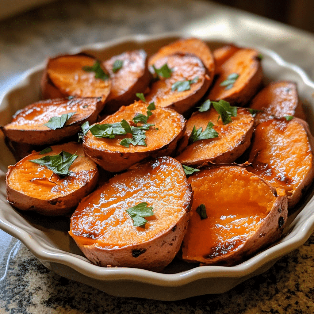 Homemade melt in your mouth sweet potatoes in a serving dish in a bright kitchen