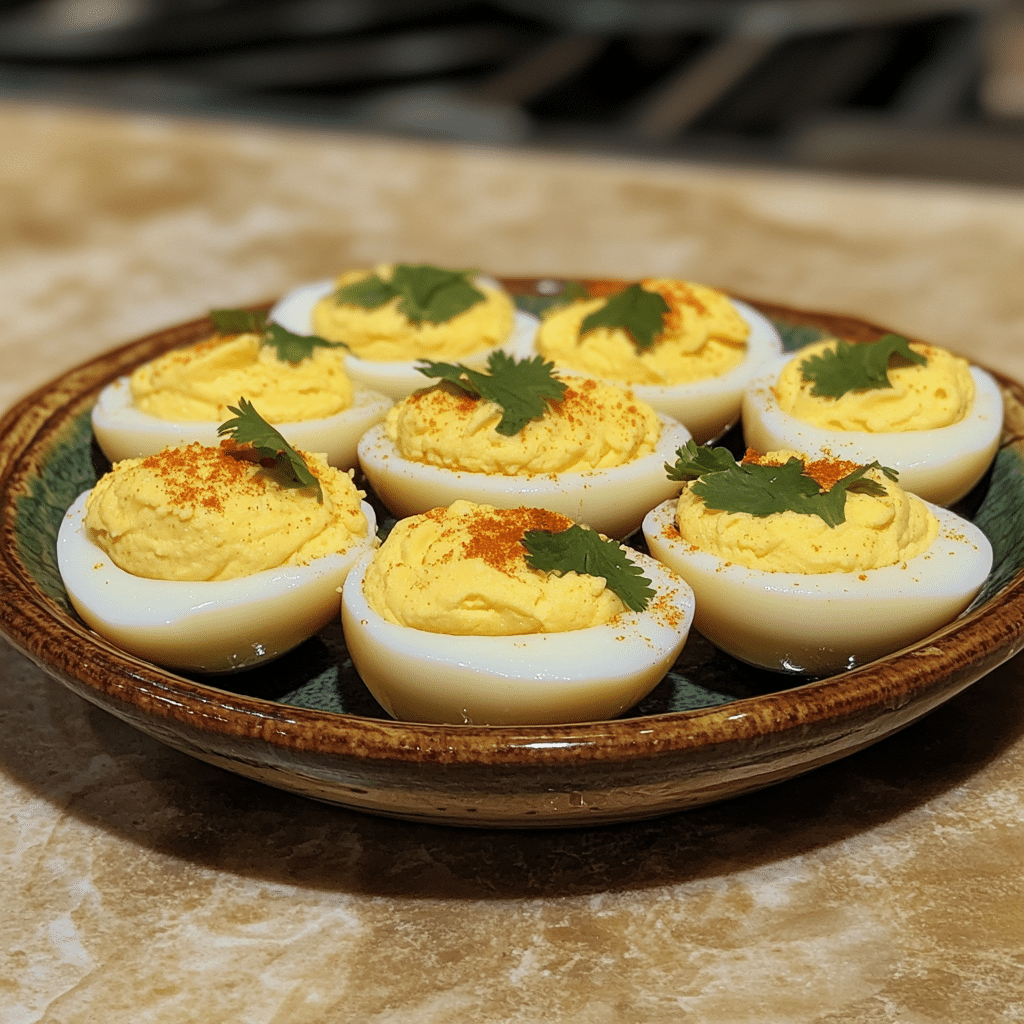 Homemade mexican street corn deviled eggs (elote-style!) in a serving dish in a bright kitchen